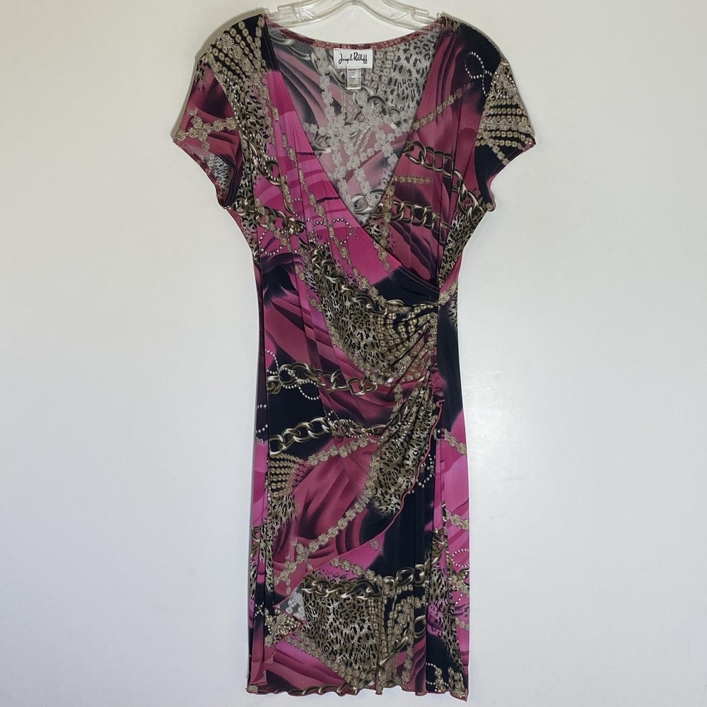 Joseph‎ Ribkoff Dress Womens 14 Pink Multicolor Chain Design Faux Wrap Classy